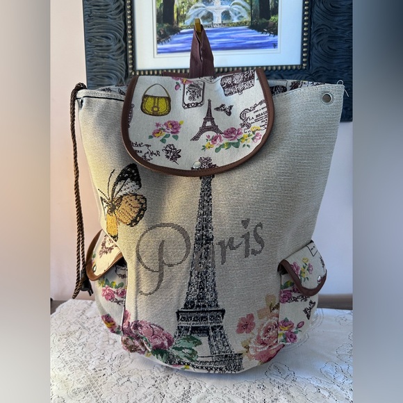 unbranded Handbags - Paris Themed Beige and Brown Backpack